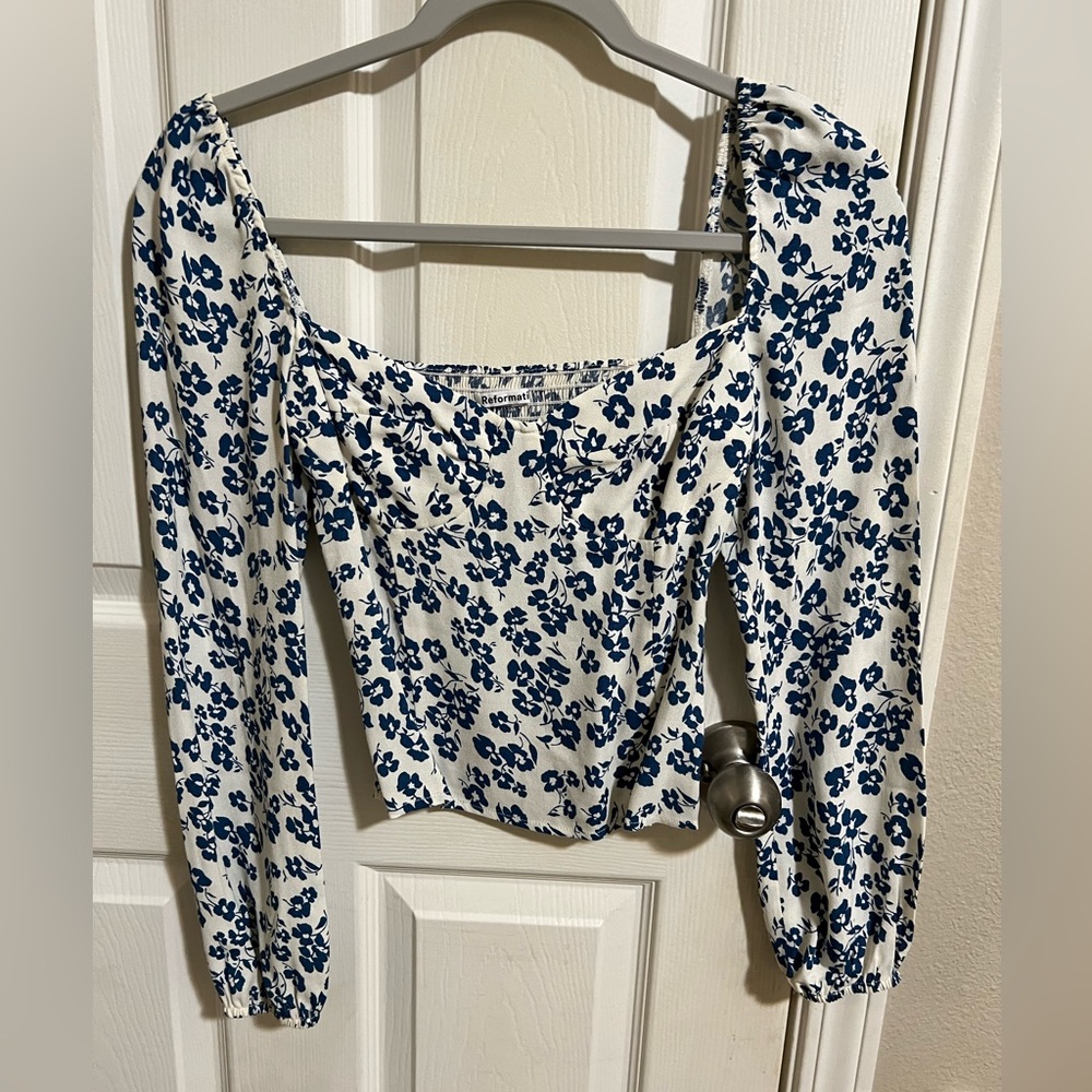 Reformation blue and white floral top